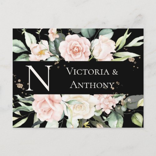 Monogram Floral Black Watercolor Save the Date Postcard