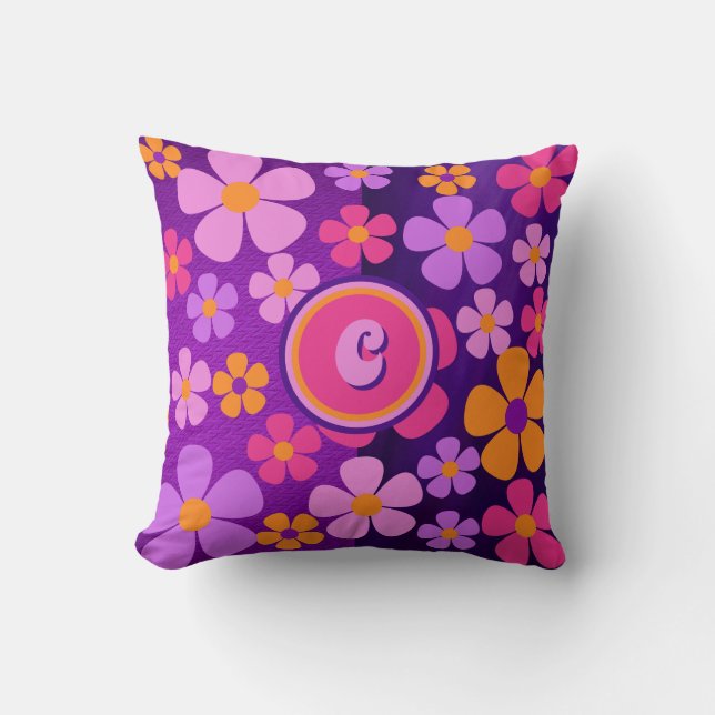 Monogram Floral Blossom Burst Vibrant  Throw Pillow (Front)
