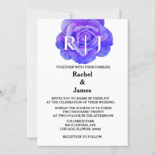 Monogram Floral Blue Rose Flowers Elegant Wedding Invitation