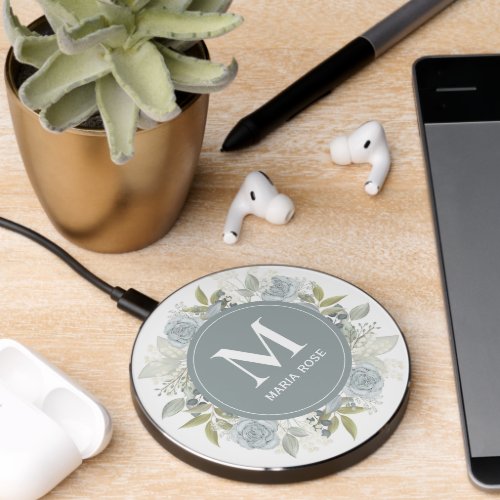 Monogram Floral Botanical Blue Watercolor Rose Wireless Charger