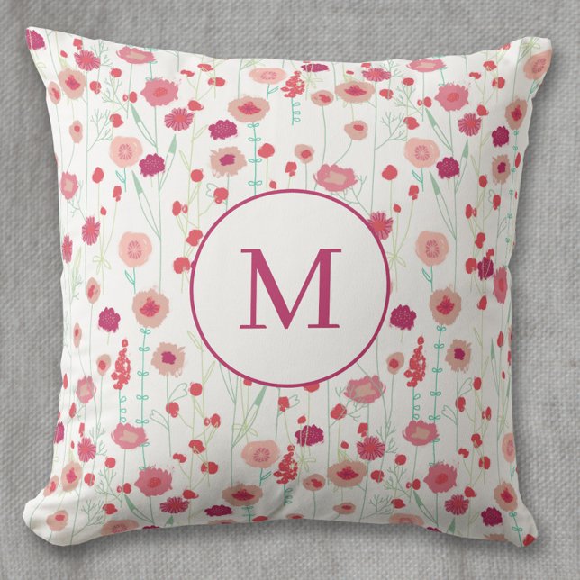 Monogram Floral Botanical Pattern Pink Throw Pillow (Modern floral monogram personalized initial art throw pillow)