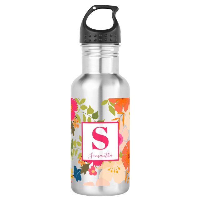 Monogram Floral Botanical  Stainless Steel Water Bottle (Front)