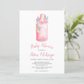 Monogram floral bottle watercolor girl baby shower invitation (Standing Front)