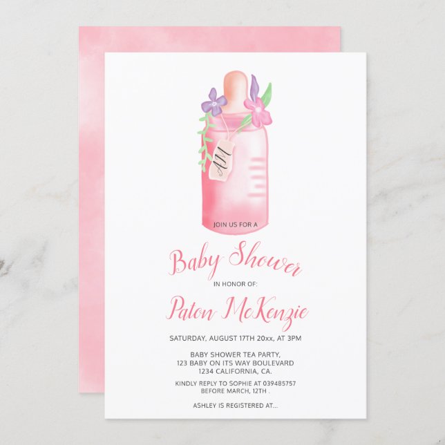 Monogram floral bottle watercolor girl baby shower invitation (Front/Back)