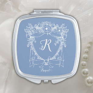 Monogram Floral Bow Crest Blue Bridesmaid Gift Compact Mirror