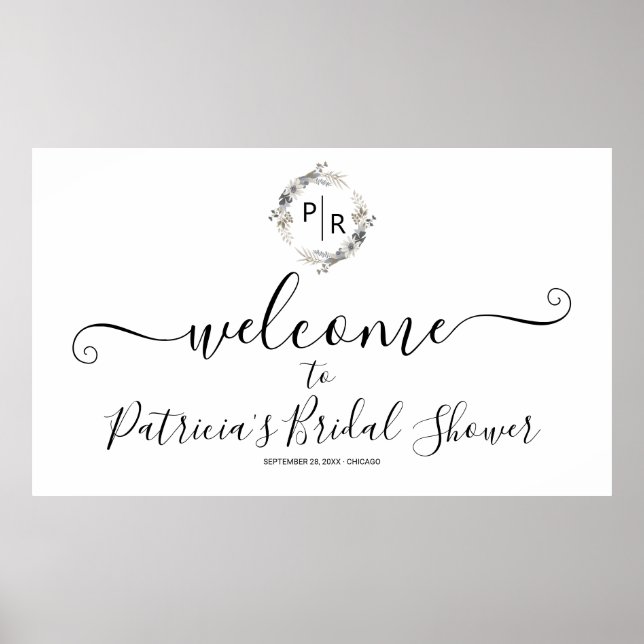 Monogram Floral Bridal Shower Welcome Sign Banner (Front)