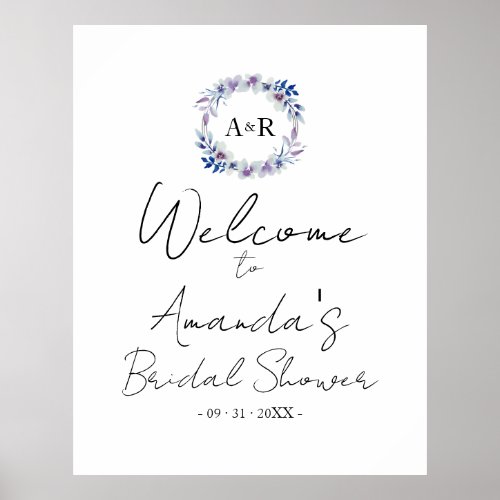 Monogram Floral Bridal Shower Welcome Sign Board