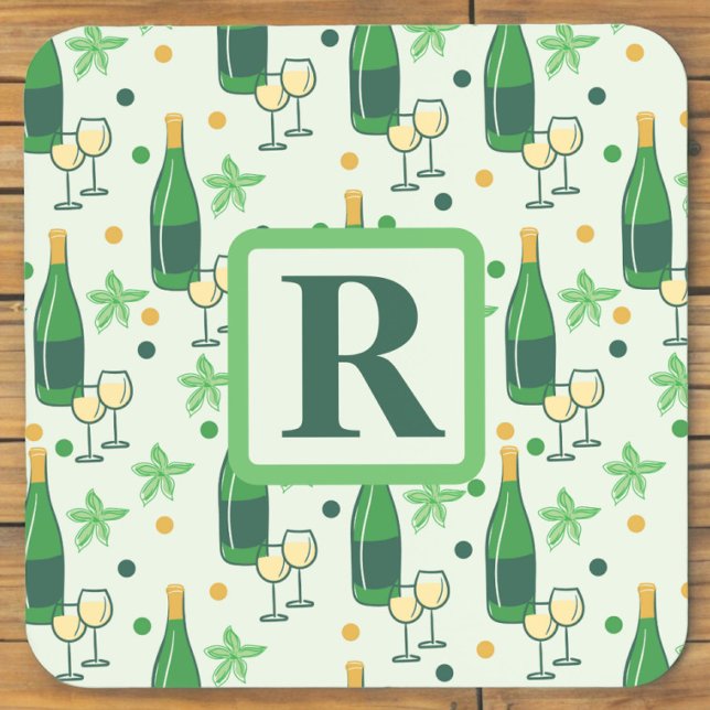 Monogram Floral Chardonnay Bottles Glasses  Beverage Coaster (Creator Uploaded)