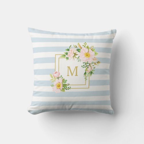 Monogram Floral Chic Pastel Blue Stripe Coastal Throw Pillow