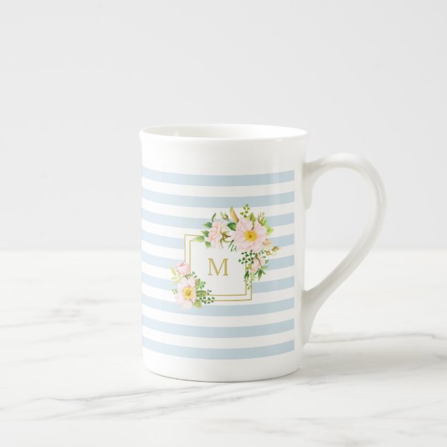 Monogram Floral Chic Pastel Blue Stripes Bone China Mug (Right)