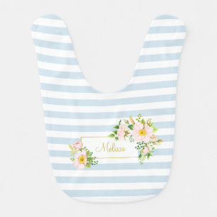 Monogram Floral Chic Pastel Blue Stripes Roses Baby Bib
