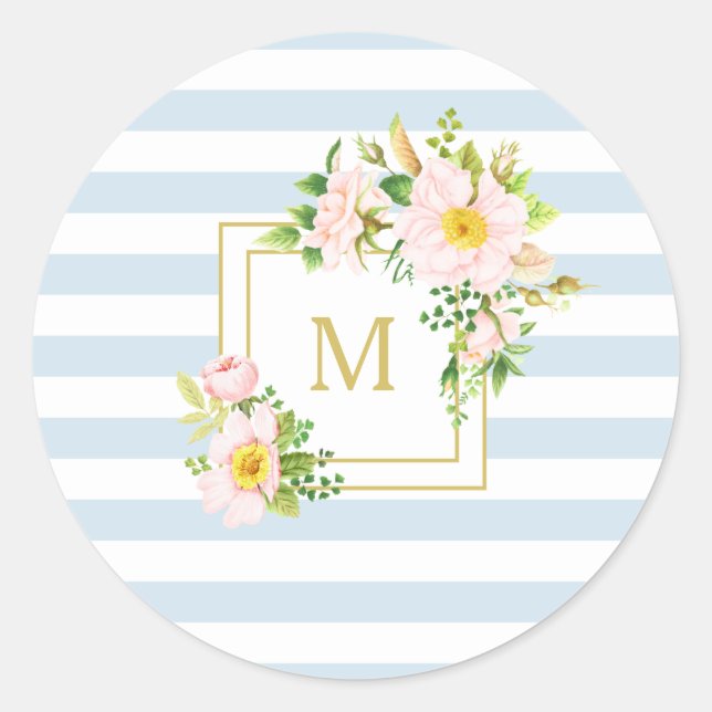 Monogram Floral Chic Pastel Blue Stripes Round Classic Round Sticker (Front)