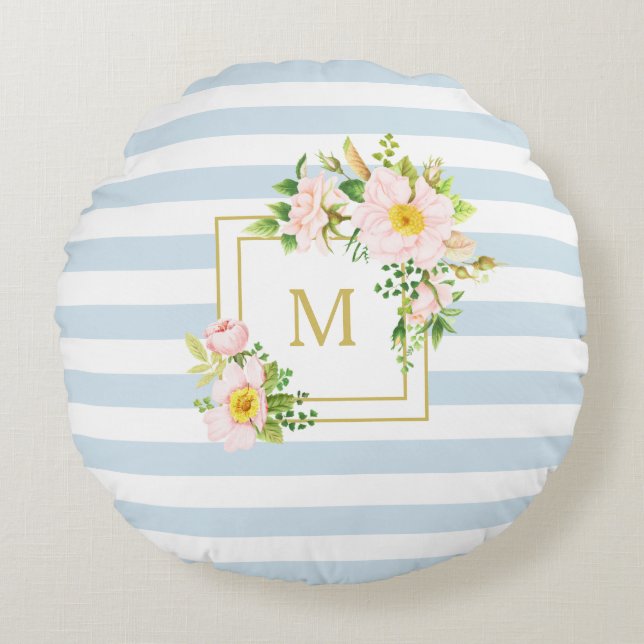 Monogram Floral Chic Pastel Blue Stripes Round Round Pillow (Front)