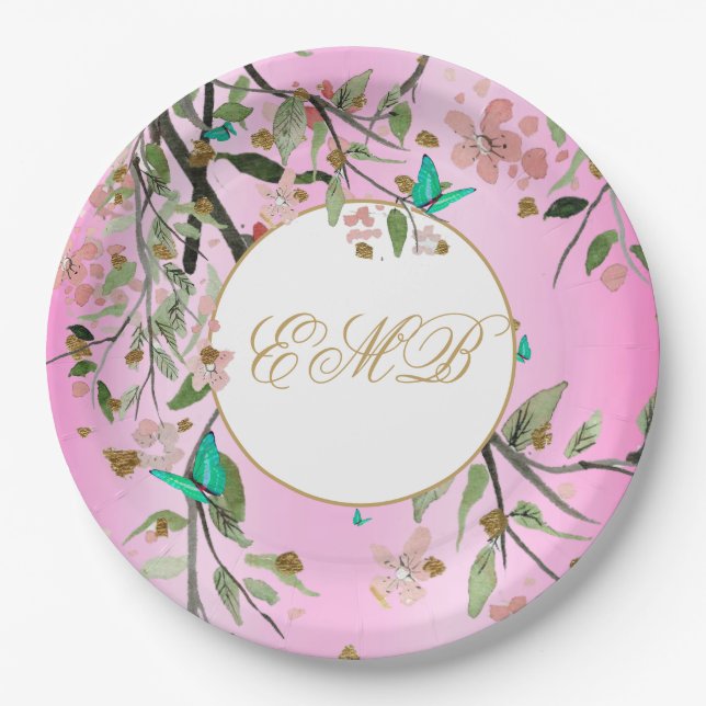 Monogram Floral Chic Pink  Elegant Gold Birthday Paper Plates (Front)