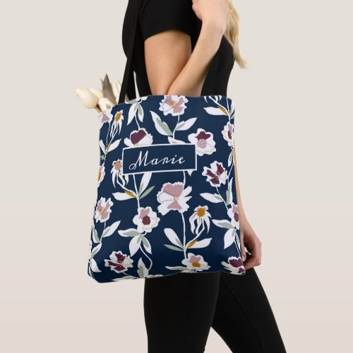 Monogram Floral Collage Navy Pattern Tote Bag