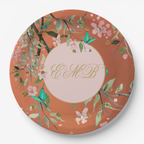 Monogram Floral Coral Pink  Elegant Gold Birthday Paper Plates