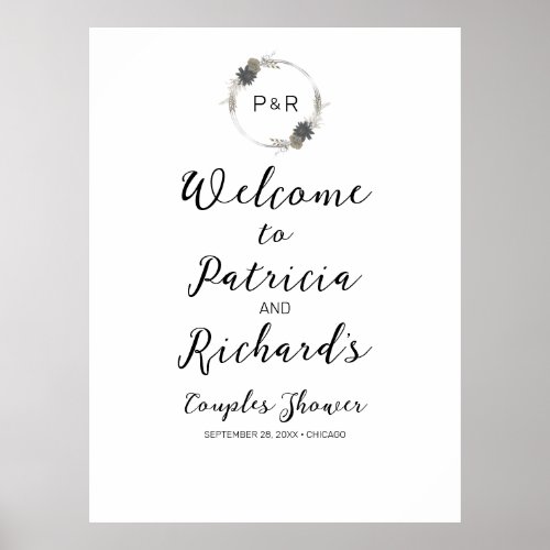 Monogram Floral Couples Shower Welcome Sign Board
