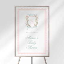 Monogram Floral Crest Baby Shower Welcome Sign
