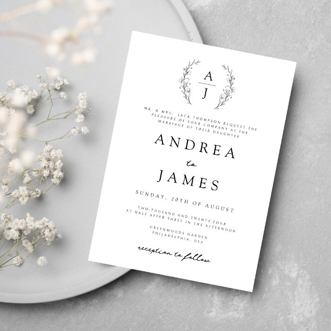 Monogram Floral Crest Black White Formal Wedding Invitation (Creator Uploaded)
