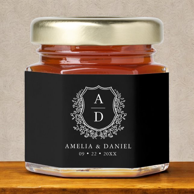 Monogram Floral Crest Black White Wedding Honey Jar Favors (Creator Uploaded)