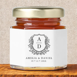 Monogram Floral Crest Black White Wedding Honey Jar Favors