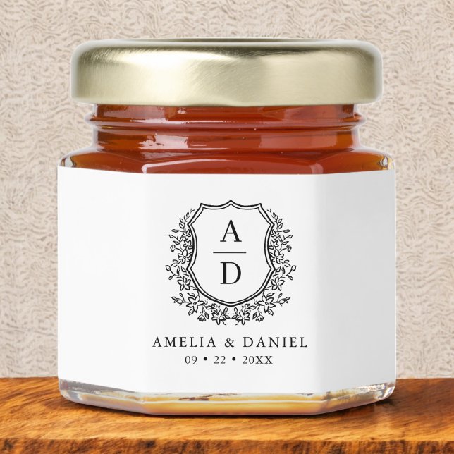 Monogram Floral Crest Black White Wedding Honey Jar Favors (Creator Uploaded)