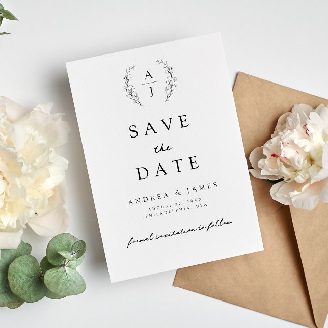 Monogram Floral Crest Black & White Wedding Save The Date (Creator Uploaded)