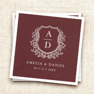 Monogram Floral Crest Burgundy Wedding Napkins