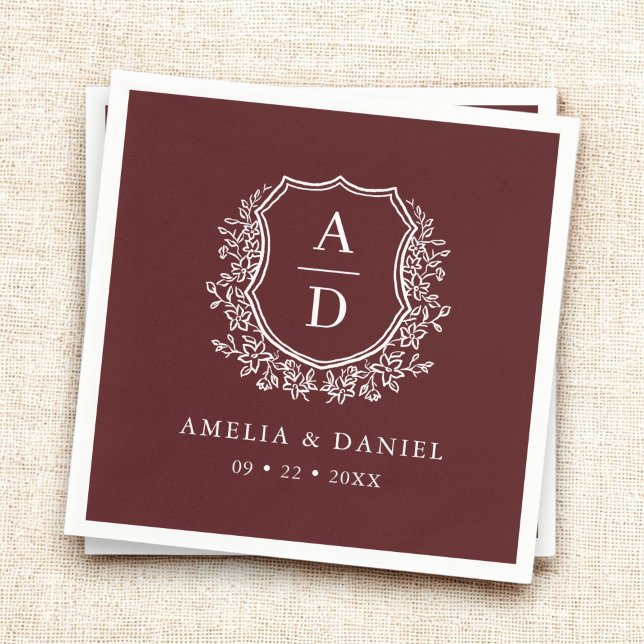 Monogram Floral Crest Burgundy Wedding  Napkins (Creator Uploaded)