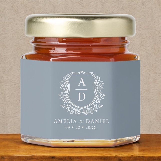 Monogram Floral Crest Dusty Blue Wedding Honey Jar Favors (Creator Uploaded)