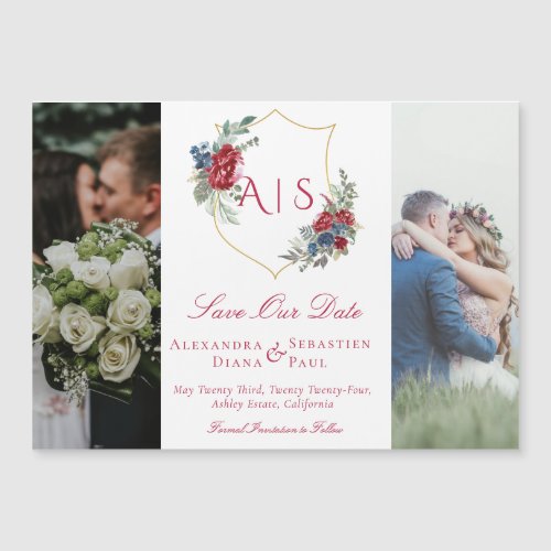 Monogram Floral Crest Photo Collage Save the Date Magnetic Invitation