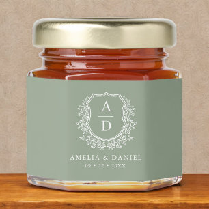 Monogram Floral Crest Sage Green Wedding Honey Jar Favors