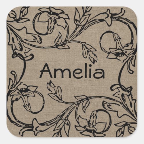 Monogram Floral Crewel Work Effect Burlap Design Square Sticker