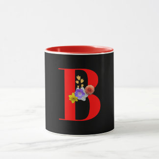 Monogram Floral Cursive A Red Inside Black Mug