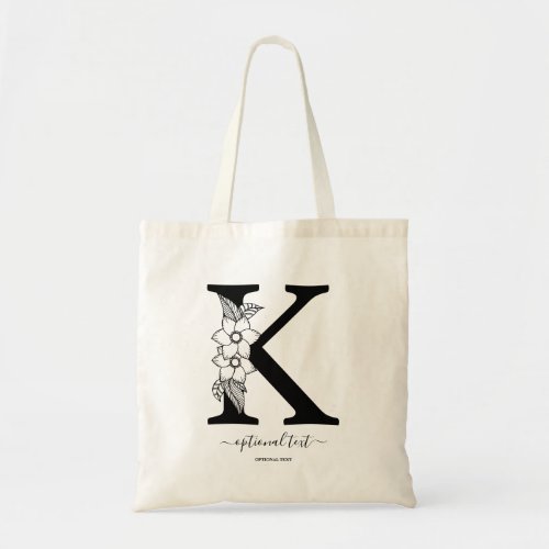 Monogram Floral Custom Single Letter K Tote Bag