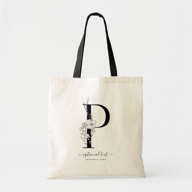 Monogram Floral Custom Tote Bag - Single Letter P (Front)
