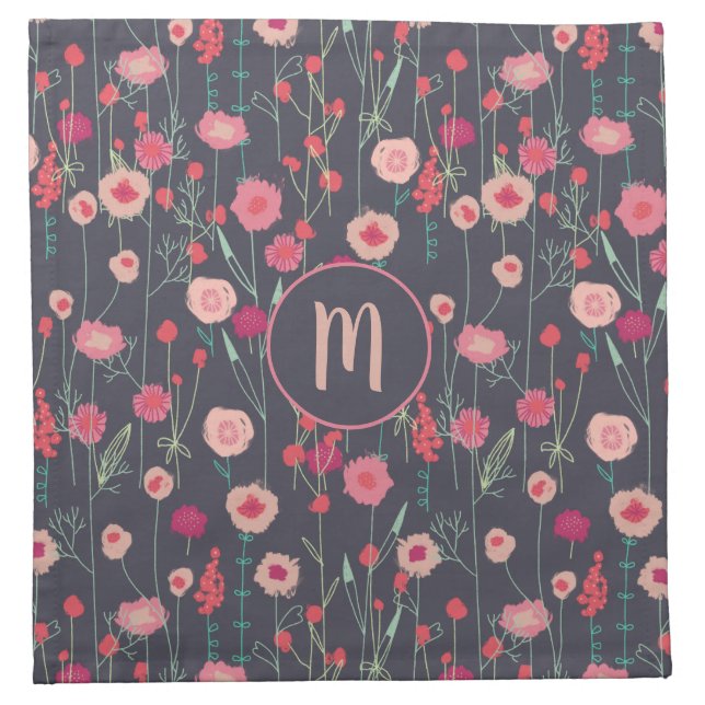 Monogram Floral Dark Cloth Napkin (Front)