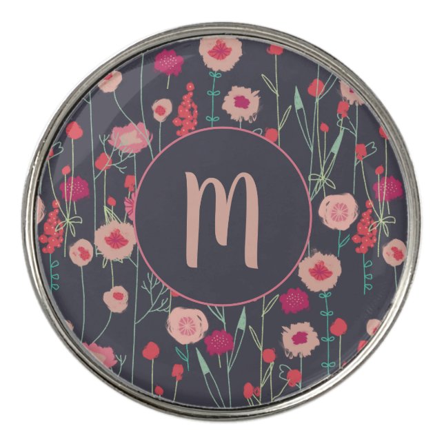 Monogram Floral Dark Golf Ball Marker (Front)