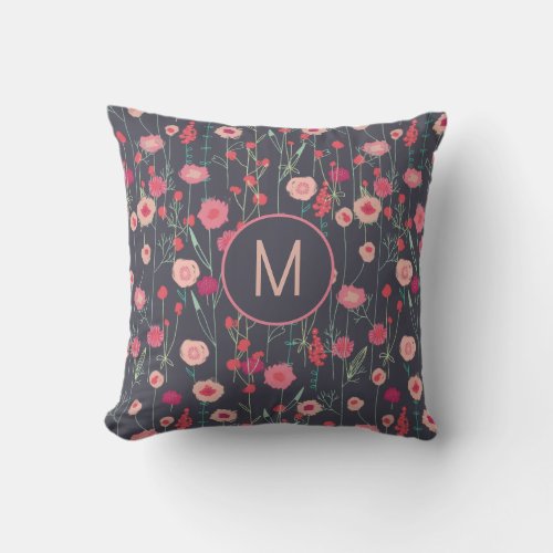 Monogram Floral Dark Throw Pillow