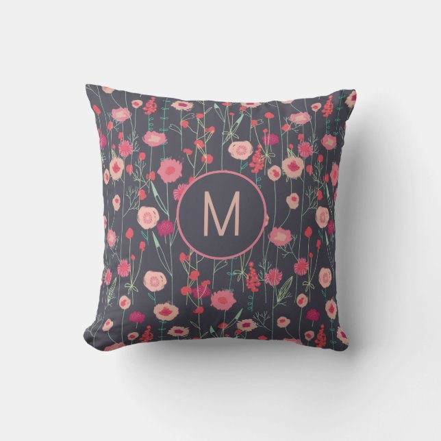 Monogram Floral Dark Throw Pillow (Front)