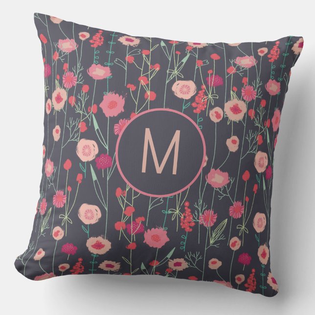 Monogram Floral Dark Throw Pillow (Monogram initial personalized dark floral wildflower throw pillow)