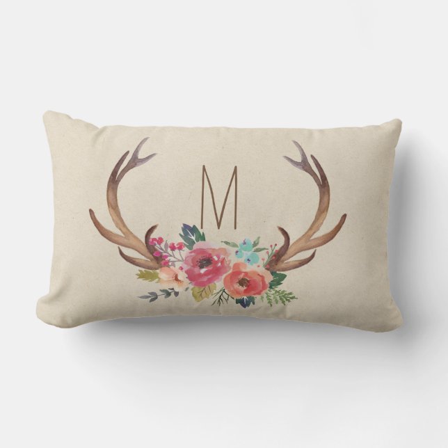 Monogram Floral Deer Horn Outdoor Pillow (Front)