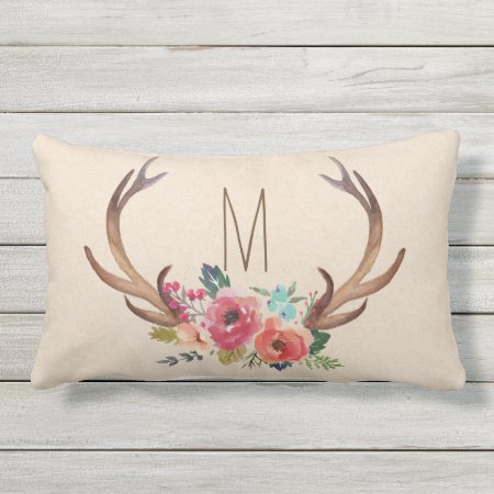 Monogram Floral Deer Horn Outdoor Pillow