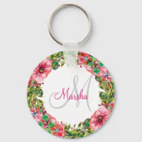 Pretty Feminine Pink Wreath Custom Monogram Keychain, Zazzle