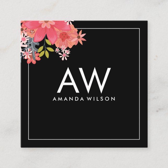 Monogram Floral Design Square Business Card (Front)