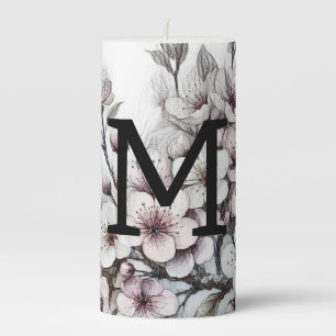 Monogram floral drawing pink cherry blossom pillar candle