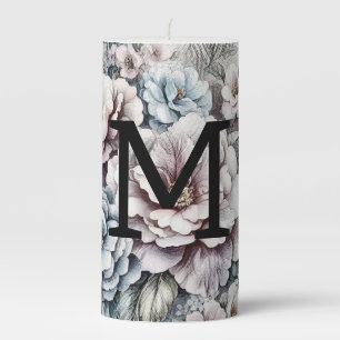Monogram floral drawing pink cherry blossom pillar candle