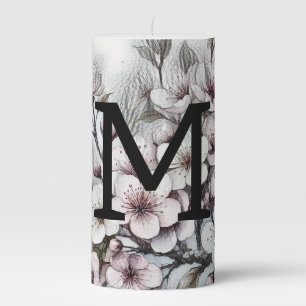 Monogram floral drawing pink cherry blossom pillar candle