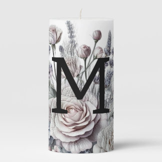 Monogram floral drawing pink cherry blossom pillar candle