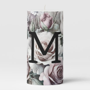 Monogram floral drawing pink cherry blossom pillar candle